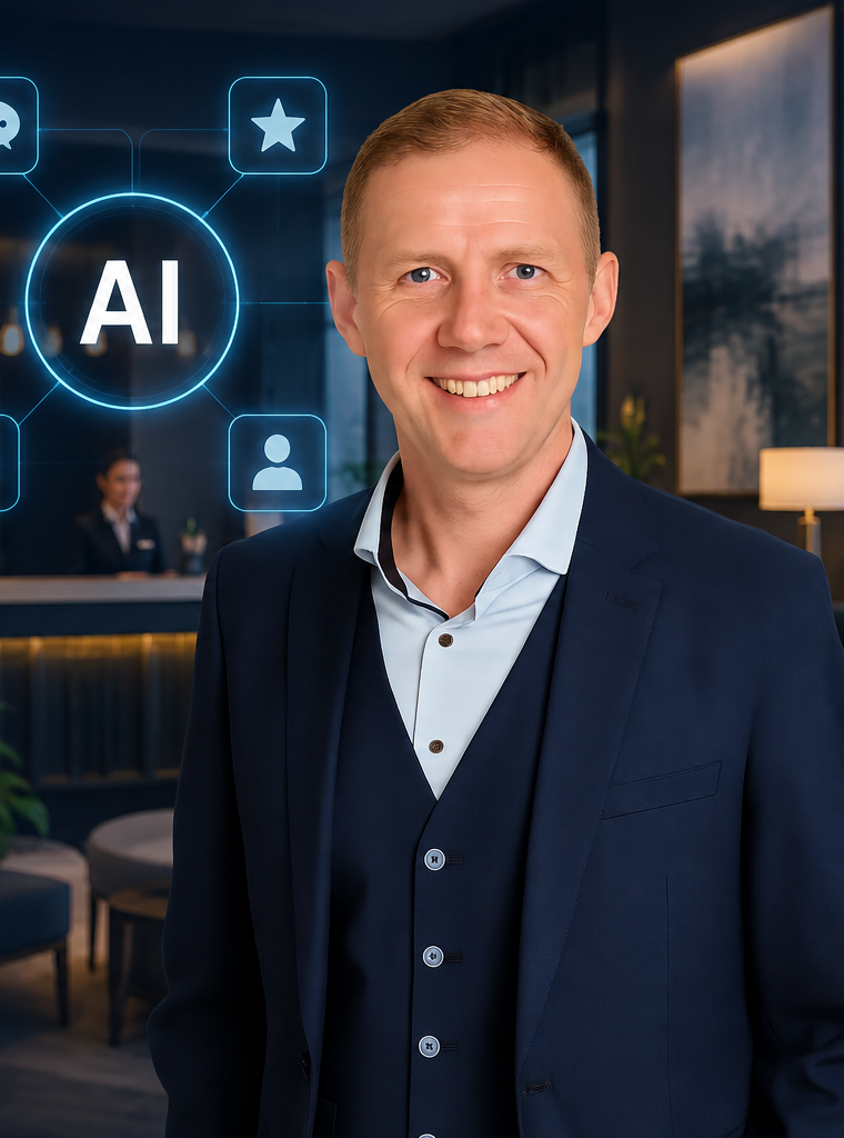 Andreas, independent hotel advisor, with an AI concept graphic